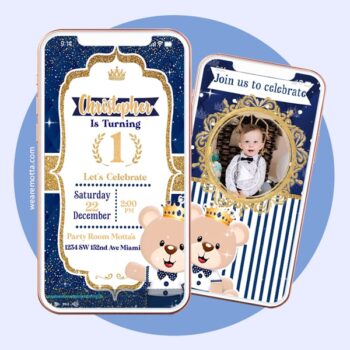 Birthday video invitation card personalization service navy blue prince teddy bear