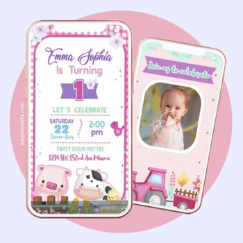 Birthday video invitation card personalization service theme Pink girl farmer