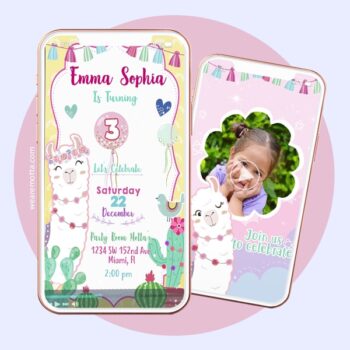 Birthday video invitation card personalization service theme bohemian cute llama and cactus