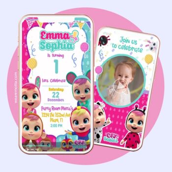 Birthday video invitation card personalization service theme CRY BABIES BIRTHDAY INVITATION