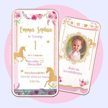 PINK and gold CAROUSEL BIRTHDAY video INVITATION animated customized service