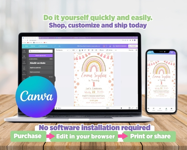 Editable Canva Boho Rainbow Invitation