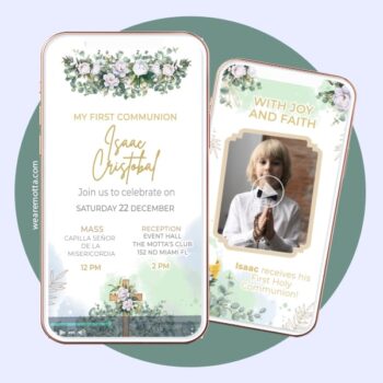 First Holy Communion Video Invitation Elegant White Floral