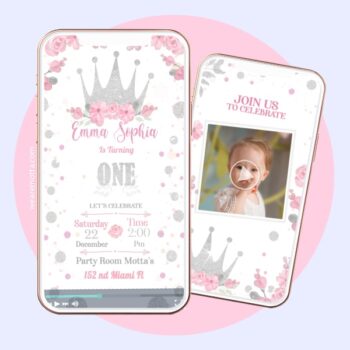 Pink & Silver Princess 1st Birthday Video Invitation